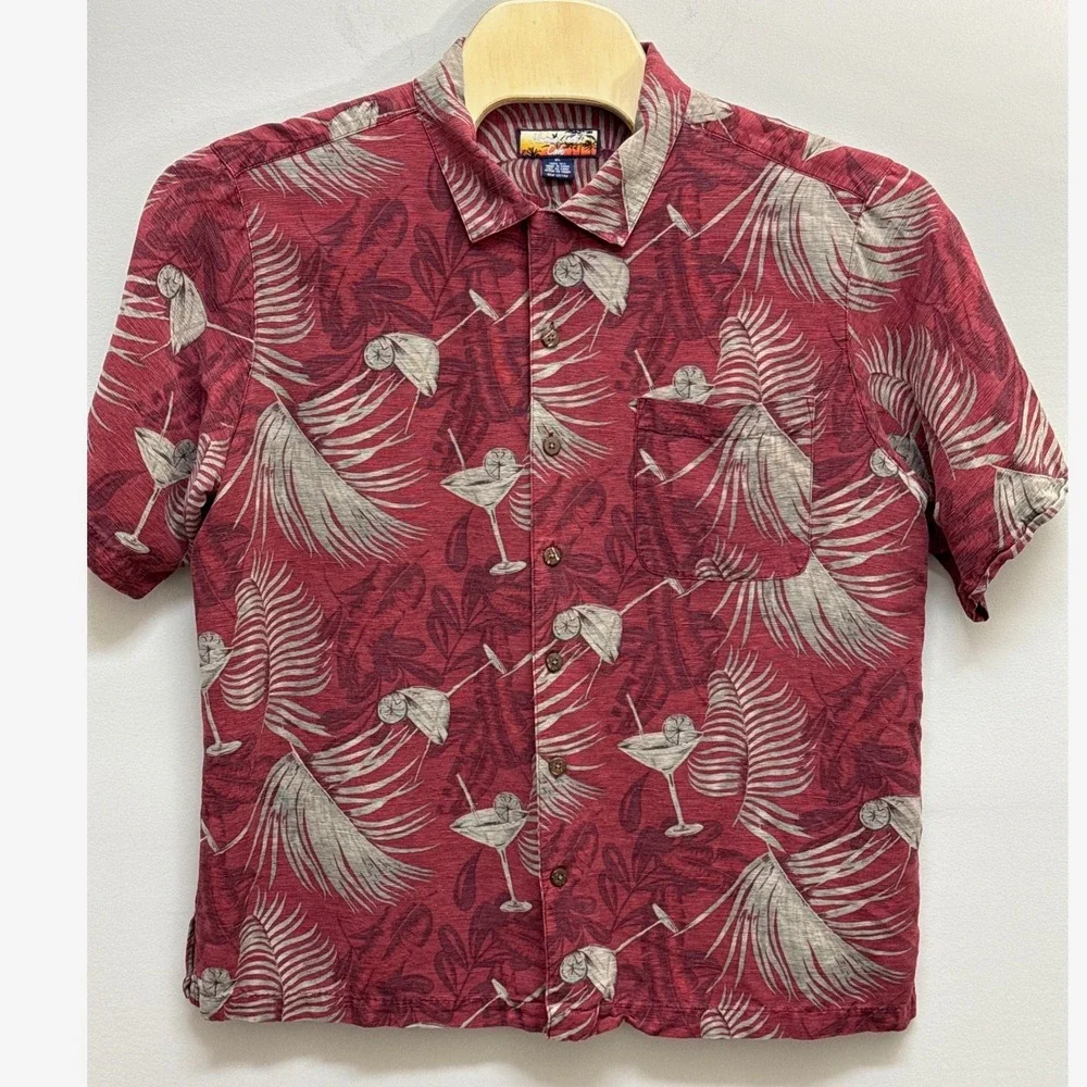 Havana Jack's Cafe (Red) 100% Silk Tropical Martini Button Up Shirt Mens XL